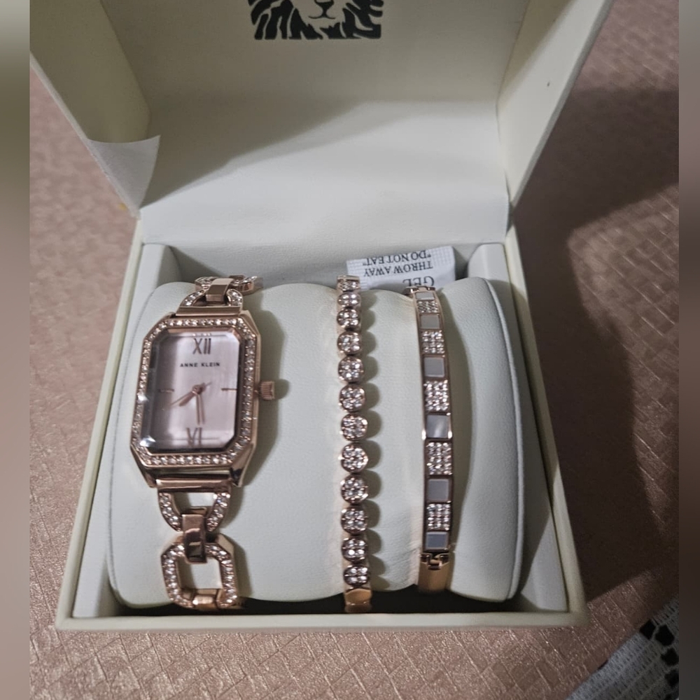 Anne Klein Rose Gold Crystal Bracelet Watch Trio